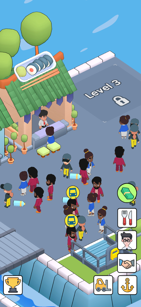 My Fishing Market  Idle Empire - Una captura de pantalla de Mi Mercado de Pesca que muestra clientes de un puesto de sushi e iconos de interfaz de gestión