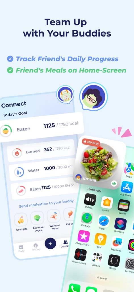 DietBuddy - AI Food Tracker - DietBuddy app social screen showing friends daily health progress and a home screen meal widget