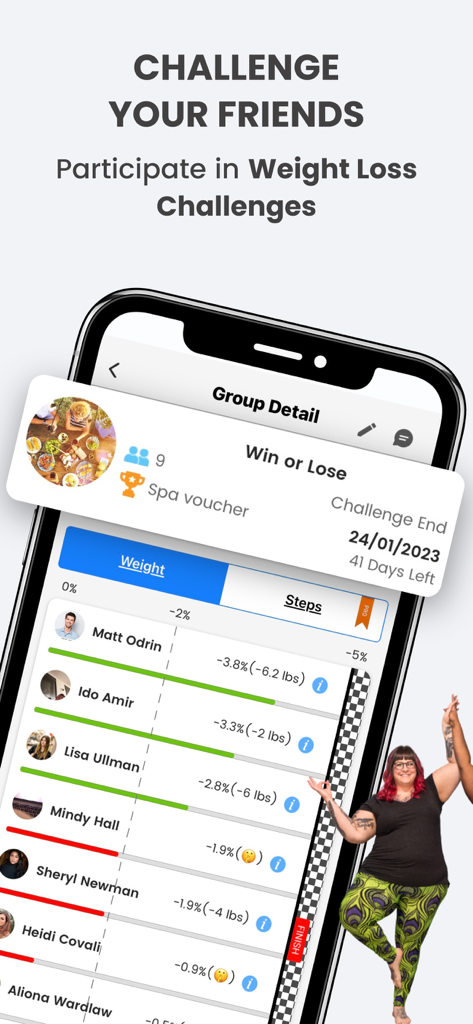 BetterTogether: Weight Loss - A group leaderboard in the BetterTogether app showing weight loss progress of friends in a challenge.