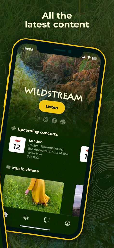 Wildstream - Wildstream app home screen showing sections for music videos and upcoming concerts with a nature themed background
