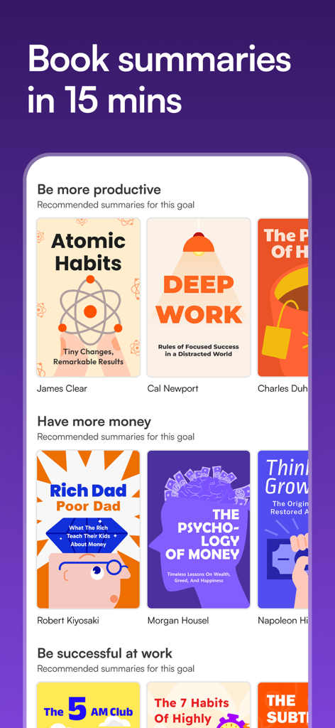 Wizdom: Book Summary & Podcast - Wizdom app interface displaying 15 minute book summaries categorized by productivity and finance goals