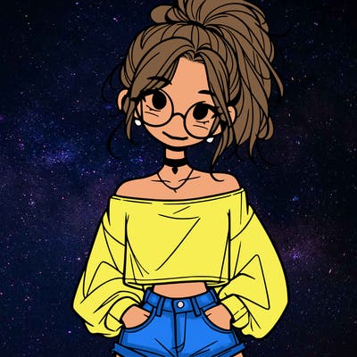 girl with a messy ponytail glasses a baggy crop top and jean shorts