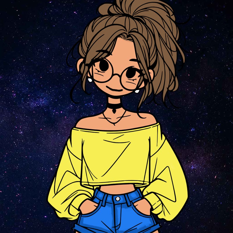 girl with a messy ponytail glasses a baggy crop top and jean shorts