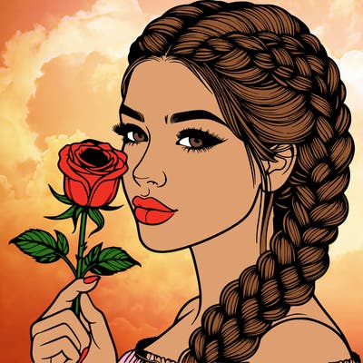 realistic woman with braids holding a single rose