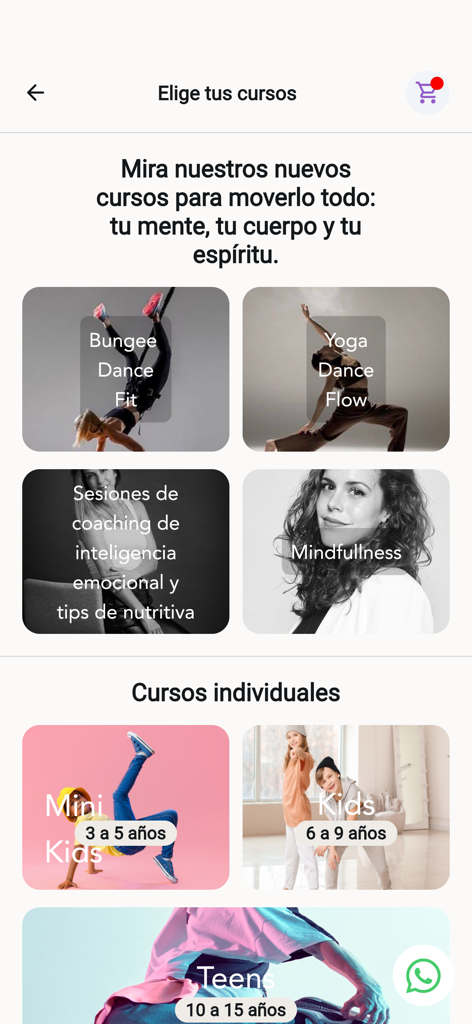 REBORN by Dance Studio Peru - Course selection menu in the REBORN app showing dance classes and mindfulness sessions for various ages