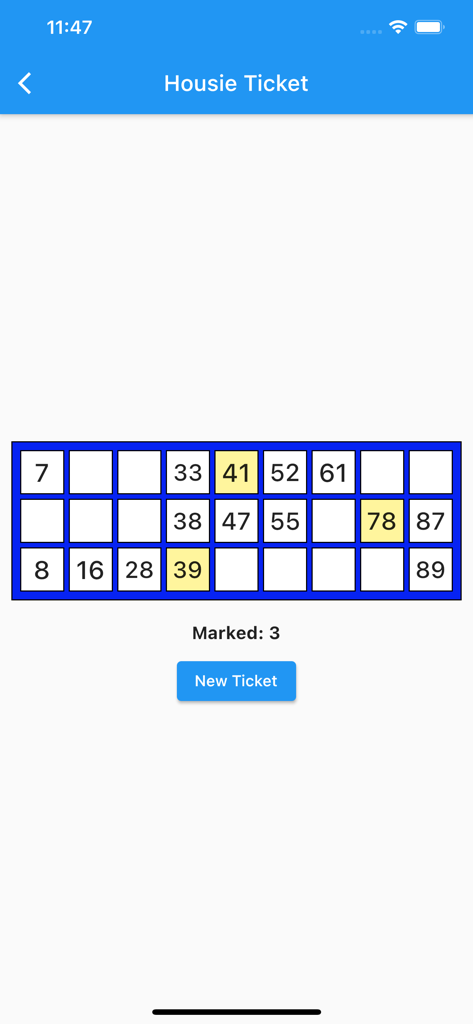 Housie Ticket Generator - A digital Housie ticket showing a numbered grid and marked spots