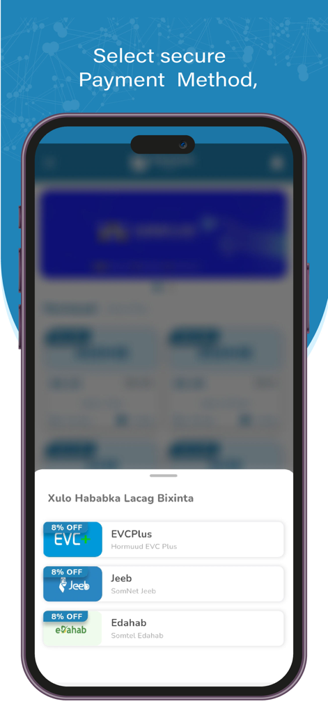 Socdaal Data app screen showing secure payment options for Somali telecom providers including EVCPlus, Jeeb, and Edahab.
