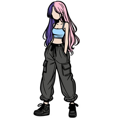 girl in baggy pants crop top and long hair