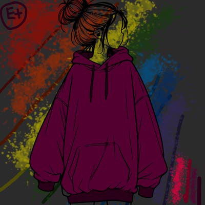 realistic girl with a oversized sweatshirt on and a bun