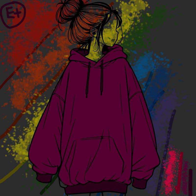 realistic girl with a oversized sweatshirt on and a bun