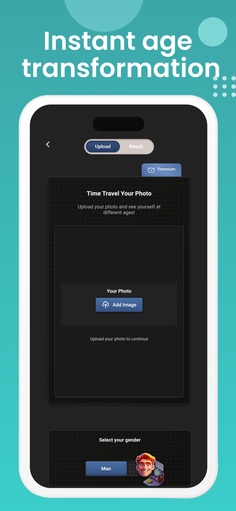 AI Face Aging - Future You - AI Face Aging app interface showing the photo upload screen for time travel transformations.