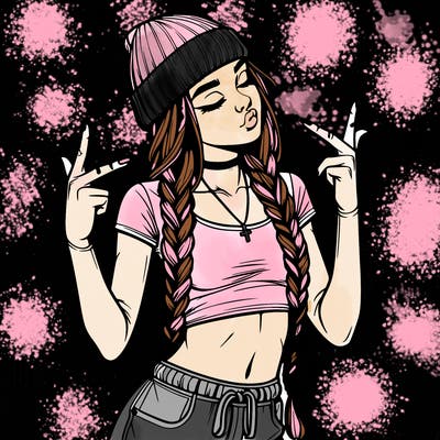 realistic teenage girl with braids and a beanie and crop top doing 🫶🏼