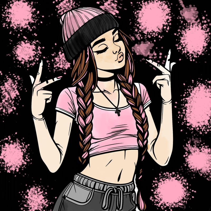 realistic teenage girl with braids and a beanie and crop top doing 🫶🏼