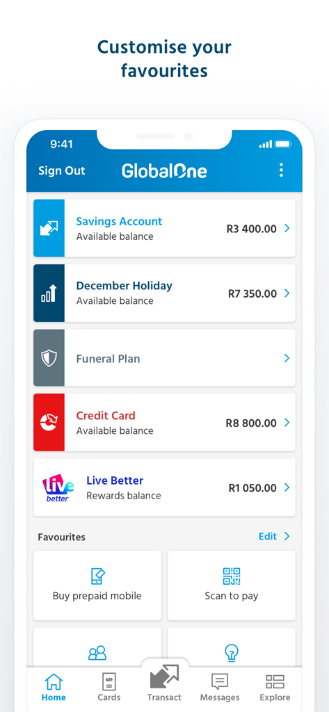 Capitec GlobalOne dashboard showing savings account credit card balances and favourite shortcuts