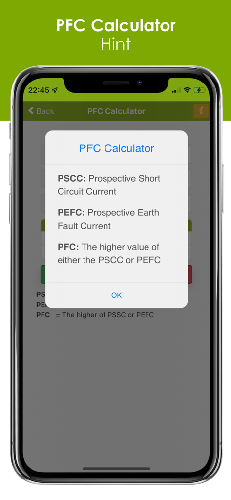 A pop up window in the Fault Current Calculator app explaining the definitions for PSCC PEFC and PFC