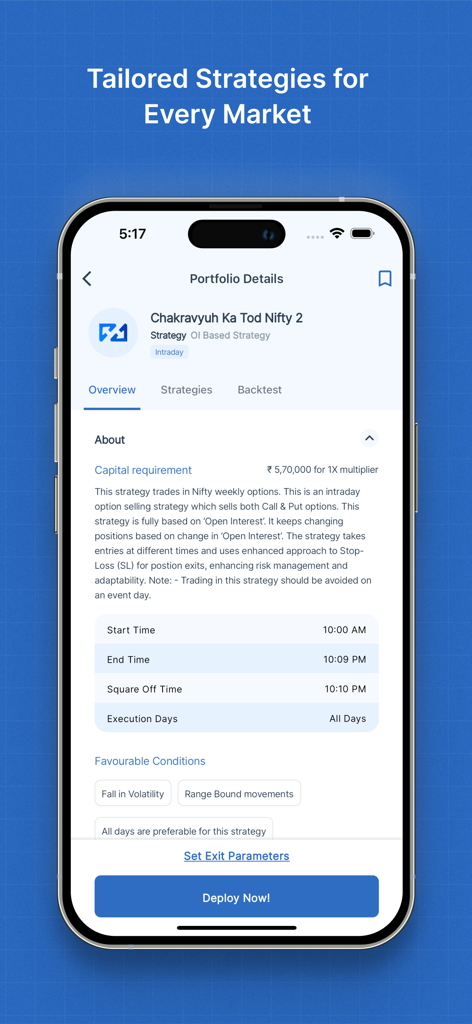 uTrade Algos - Tela móvel do uTrade Algos mostrando detalhes de uma estratégia de negociação pré-feita para opções Nifty, incluindo requisitos de capital e parâmetros de execução.