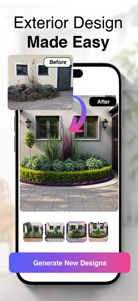 RoomGPT : AI Interior Design - Before and after comparison of an AI generated garden and exterior home design on the RoomGPT app interface