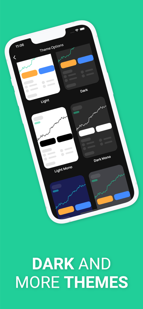 Stock Events app screen displaying various light and dark theme options for the user interface