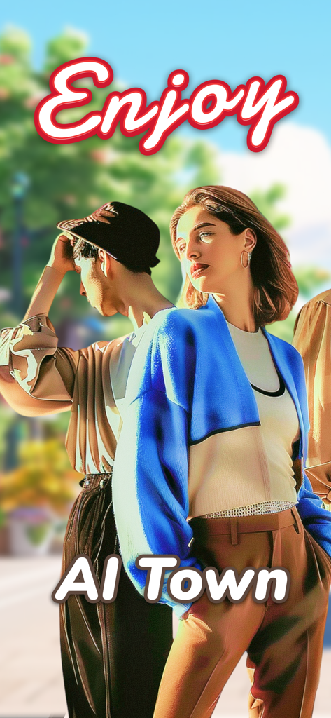 Enjoy - AI Town: the Game - Stylish characters posing for the Enjoy AI Town social simulation game splash screen