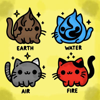 4 cats that represent the different elements, earth, water, air, and fire