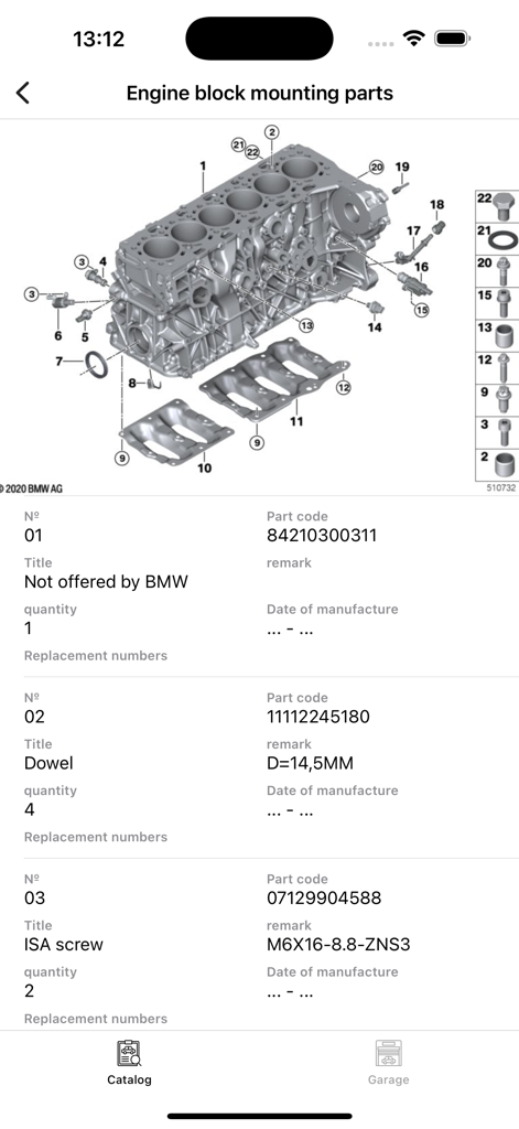 Vue éclatée détaillée d'un bloc moteur BMW avec numéros de pièces et codes