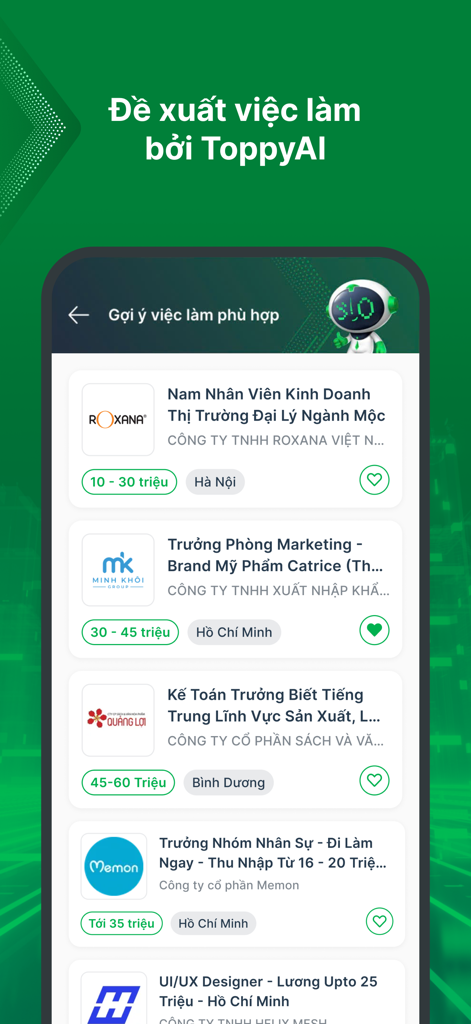 TopCV - Tìm Việc làm phù hợp - TopCV app interface showing personalized job recommendations powered by ToppyAI for Vietnamese professionals.