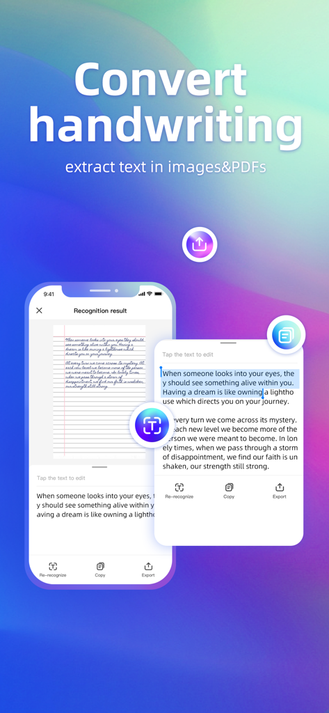 FP Scanner App-Oberfläche, die die Extraktion von digitalem Text aus einer handgeschriebenen Notizbuchseite auf einem iPhone zeigt