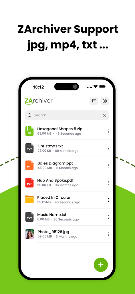 Interfaz de la aplicación móvil WinRAR mostrando una lista de archivos gestionados, incluyendo formatos zip, pdf, ppt y jpg.