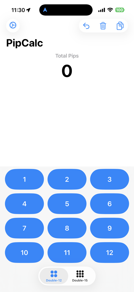 PipCalc - Pantalla del contador de puntuación de dominó PipCalc con teclado numérico y modo Doble-12 seleccionado