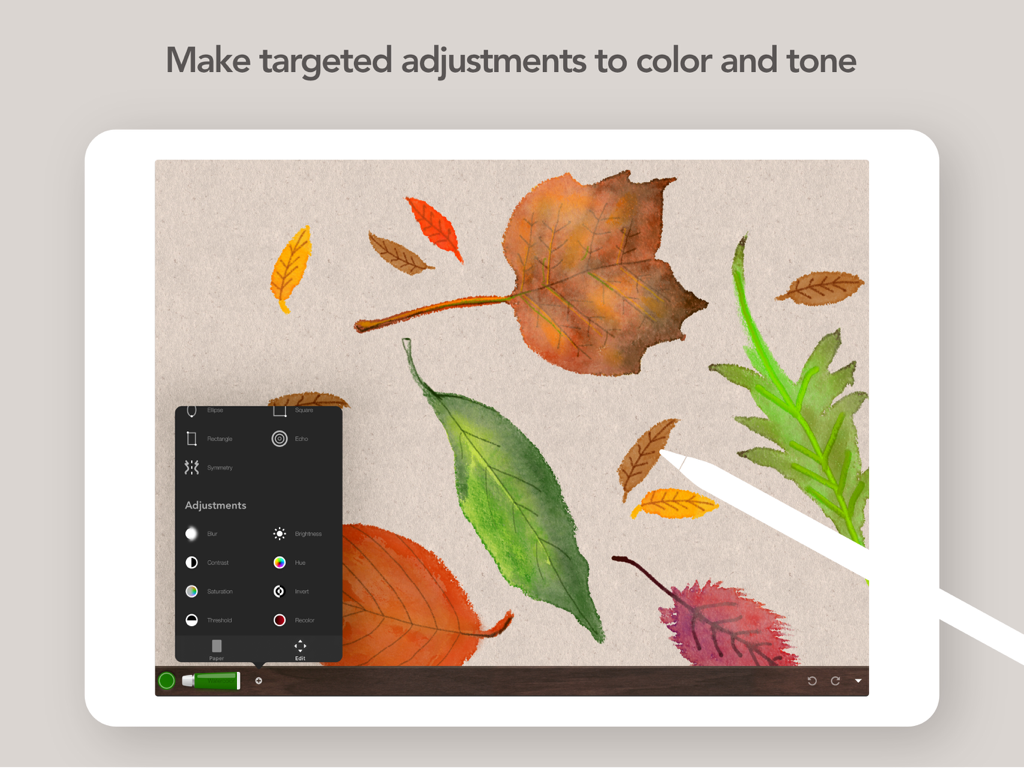 Art Set 4 - Digital painting of autumn leaves on an iPad with an open adjustment menu for color and tone and an Apple Pencil.