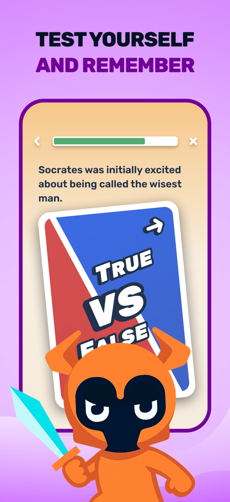 A true or false history quiz screen in the Paladin app featuring a question about Socrates and an orange cartoon character with a sword.