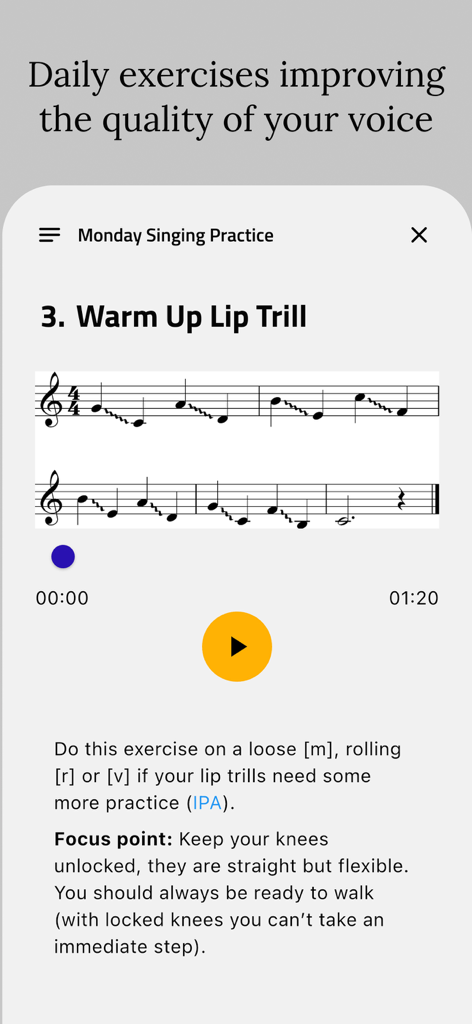Vocalise.app - Interface de l'application Vocalise montrant une notation musicale pour un exercice d'échauffement de battement de lèvres avec des conseils de posture.