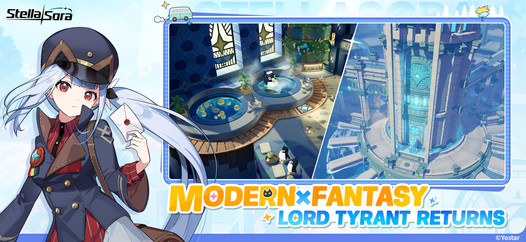 Stella Sora - Captura de tela promocional de Stella Sora apresentando uma garota de anime e ambientes de fantasia modernos, incluindo um banho de pinguim e uma torre