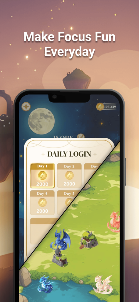 Fluffle: Focus With Dragons - スマートフォンにFluffleアプリの毎日のログイン報酬画面と、かわいいドラゴンがいるカラフルな風景が表示されています。