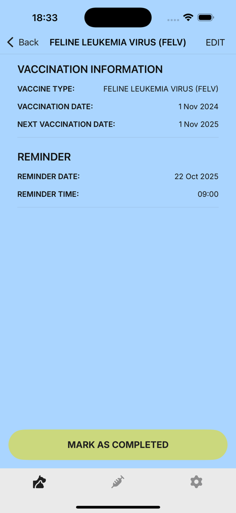 Pet Vaccination Tracker - Detailed view of a pet vaccination record showing next vaccination date and reminder settings