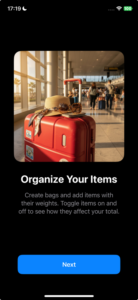 Onboarding screen for Bagga Calc app showing a red suitcase in an airport and instructions to organize items by weight.