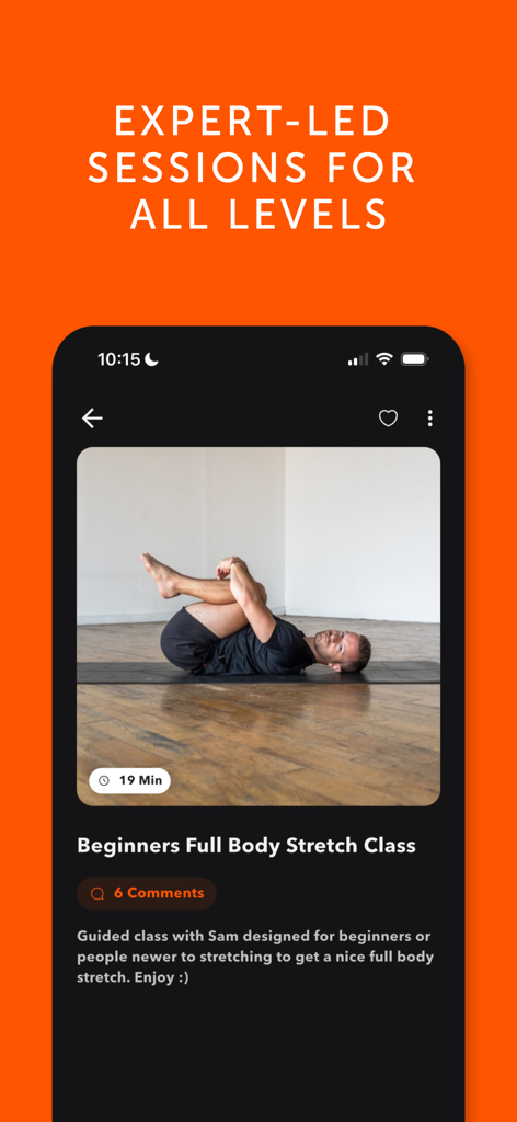 Stretch: Stretching & Mobility - Tela do celular mostrando uma aula de alongamento para corpo inteiro para iniciantes liderada por Sam Gach no aplicativo Stretch