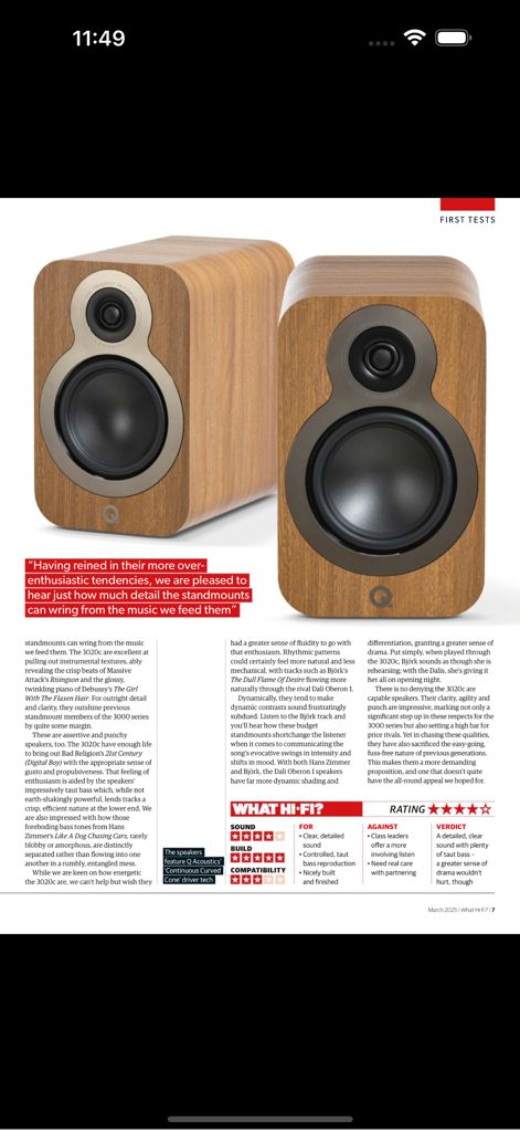 What Hi-Fi Sound and Vision - Reseña experta de los altavoces de estantería Q Acoustics 3020c en la aplicación What Hi-Fi que muestra valoraciones y análisis técnicos.