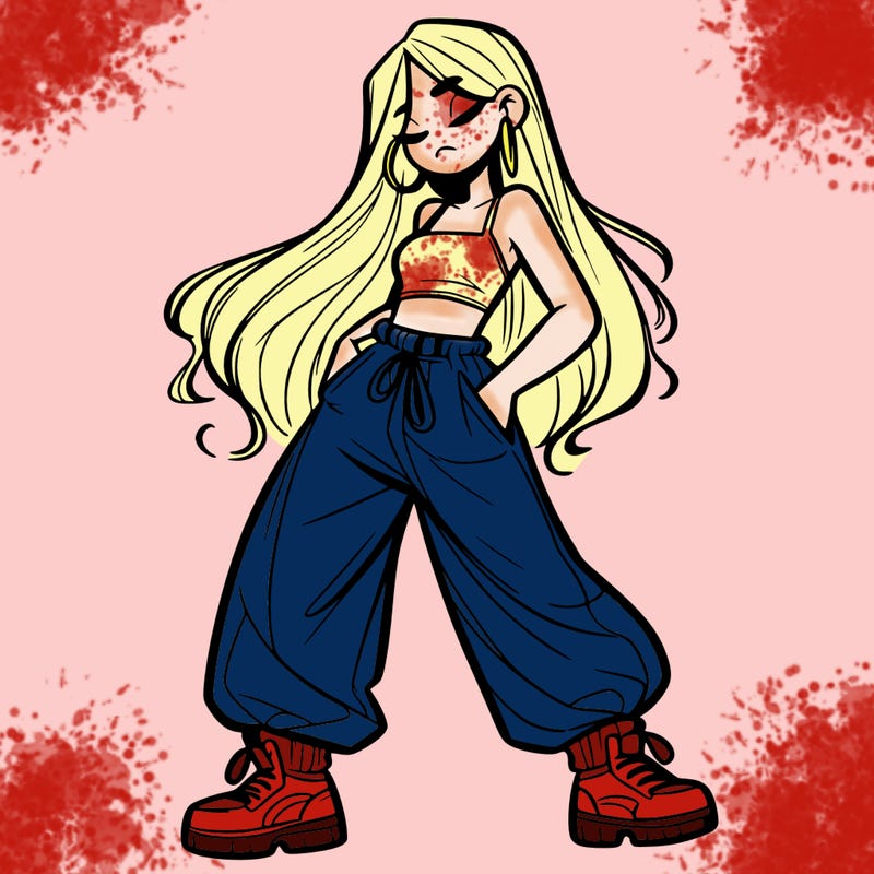 girl in baggy pants crop top and long hair