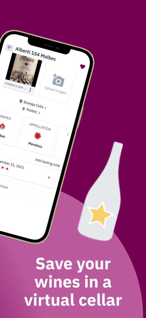 Smartphone screen showing a wine profile for a Malbec in the Vinnie app virtual cellar