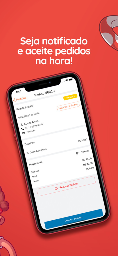 Mobile Benutzeroberfläche der pede.ai Manager App, die eine neue Bestellung mit Schaltflächen zum Akzeptieren oder Ablehnen anzeigt