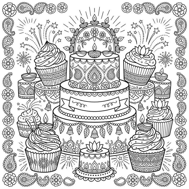 Dive into the festive spirit of Diwali with this delightful coloring page showcasing an array of exquisitely decorated vegan cakes and cupcakes. Each treat is a canvas waiting for your vibrant colors to bring the celebration to life.