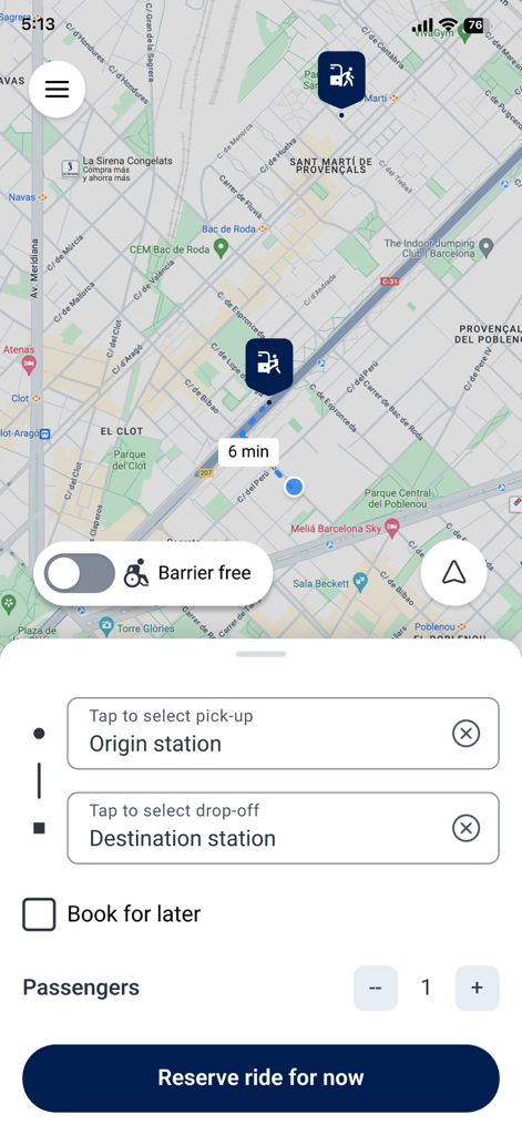 Volkswagen Move - Volkswagen Move App-Oberfläche zur Buchung einer Fahrt mit Karten- und Stationsauswahl