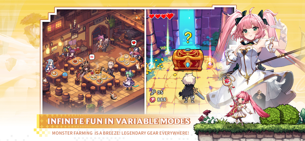 Isekai Saga: Awaken - Isekai Saga Awaken screenshot showcasing pixel art tavern scenes and an anime style character.