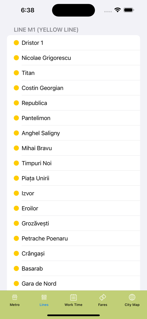 Bucharest Subway Map - List of subway stations for the Yellow Line M1 in the Bucharest Subway Map app