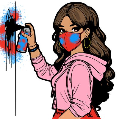 realistic girl with mask spray painting a wall
