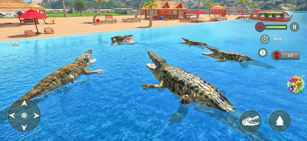 Wild Animals Crocodile Games - A pack of crocodiles swimming in blue water at a tropical beach resort in a 3D simulator game