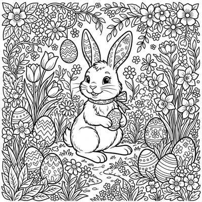 Celebrate the season of renewal with this charming coloring page featuring a happy Easter Bunny nestled in a beautiful garden. Discover hidden eggs and an abundance of spring flowers ready for your creative touch.