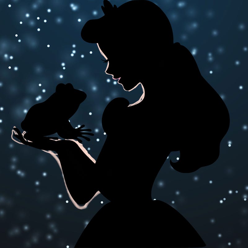 a shadow of a princess holding a frog realistic