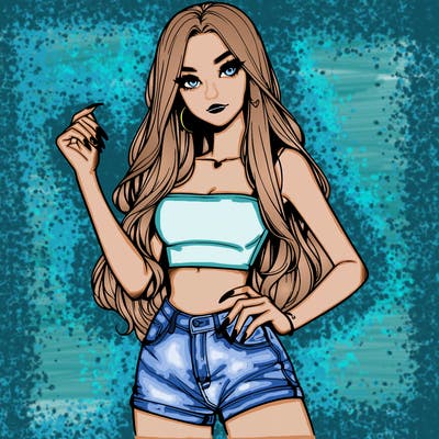 realistic pretty girl with long nails and wearing shorts and a crop top